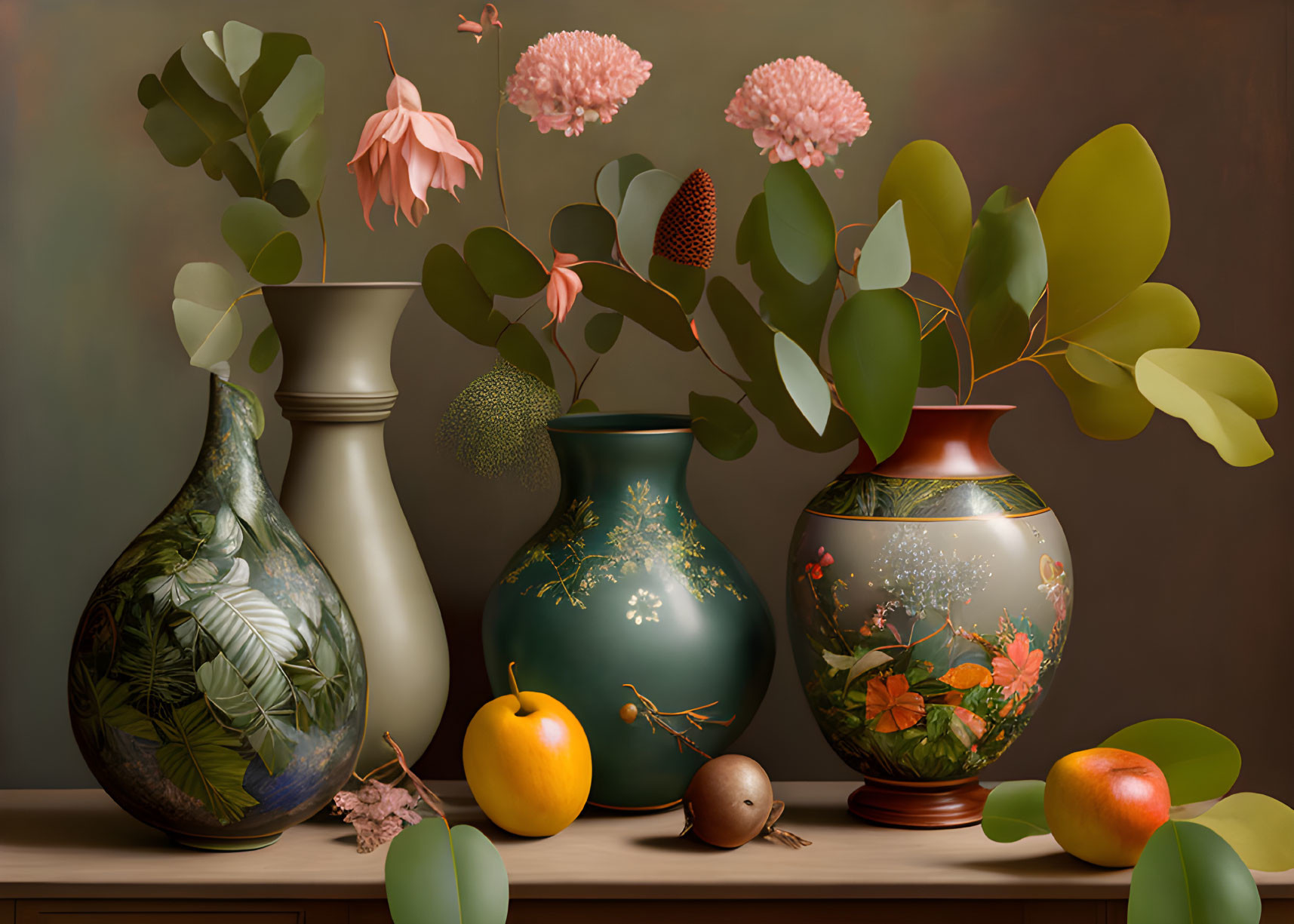 Decorative vases with flowers, leaves, and fruit on table.