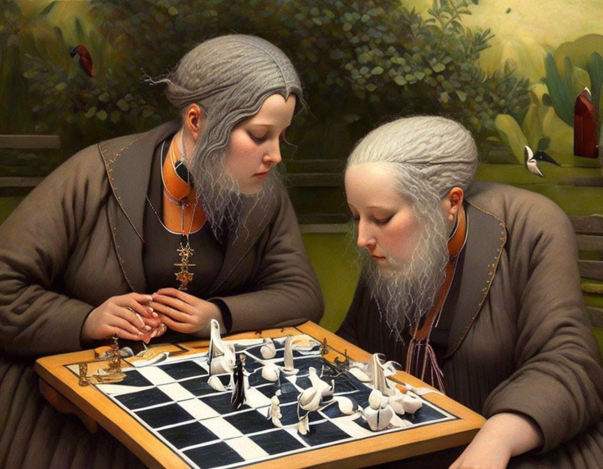Two women in medieval attire play chess in lush green landscape