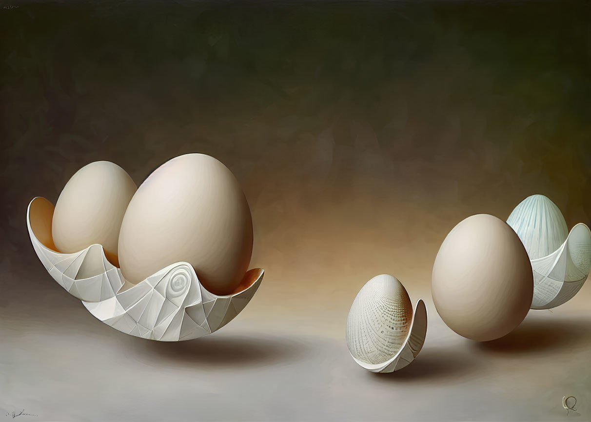 Realistic Painting of Eggs with Half-Shell Rolling and Standing Egg