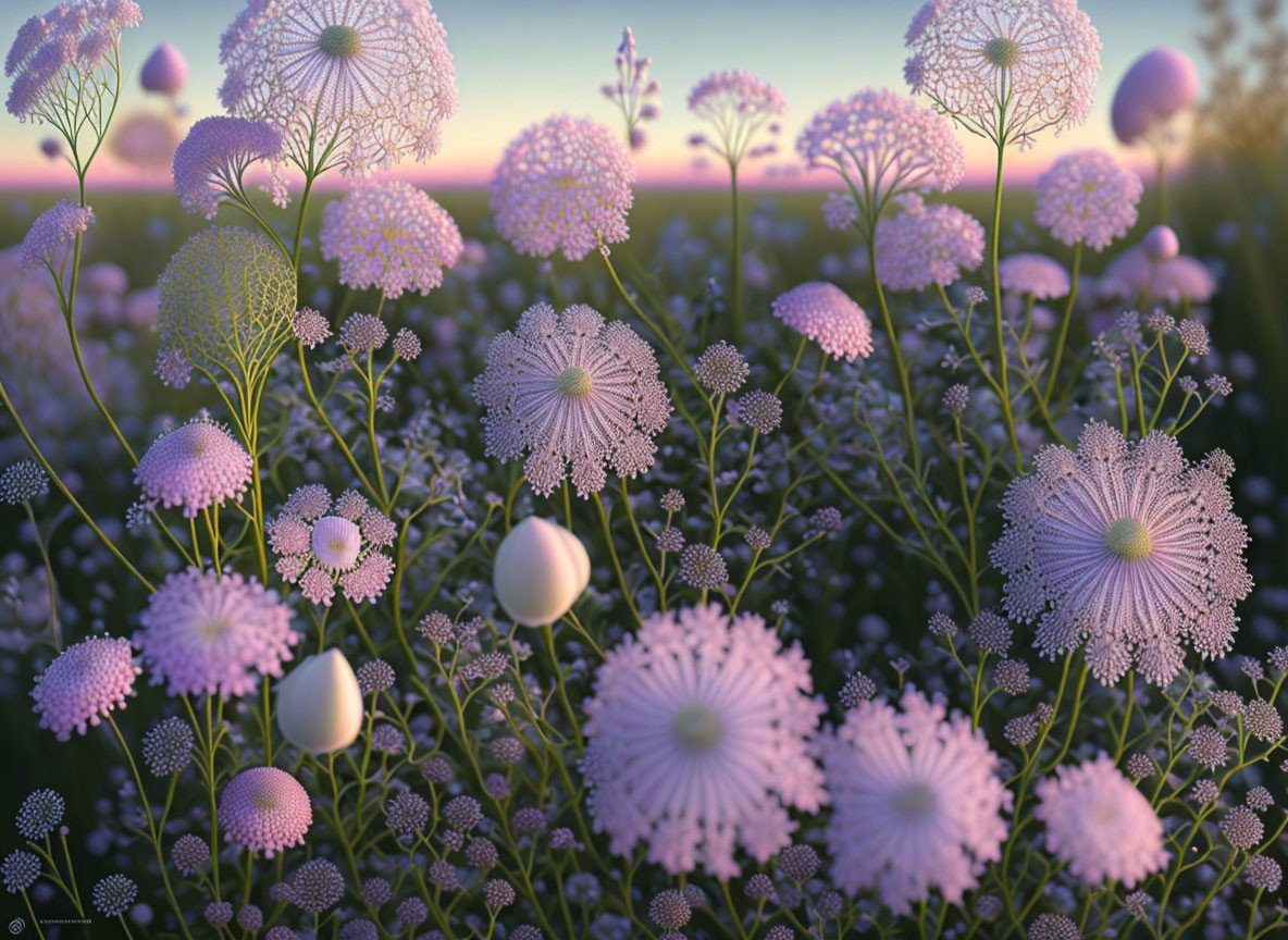 Tranquil field of white and purple spherical flowers against sunset sky