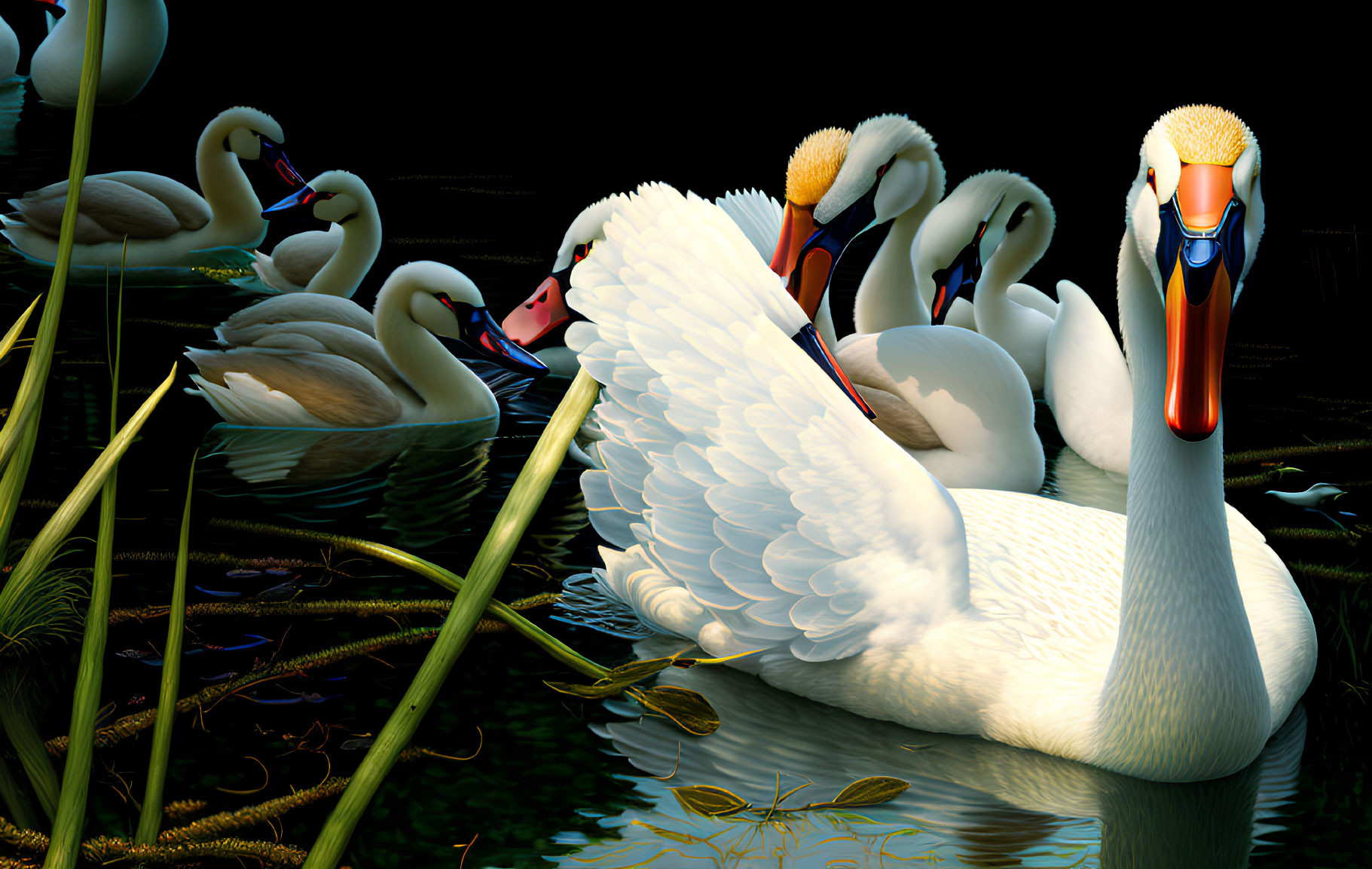 Graceful swans with intricate feathers in serene water with reeds.