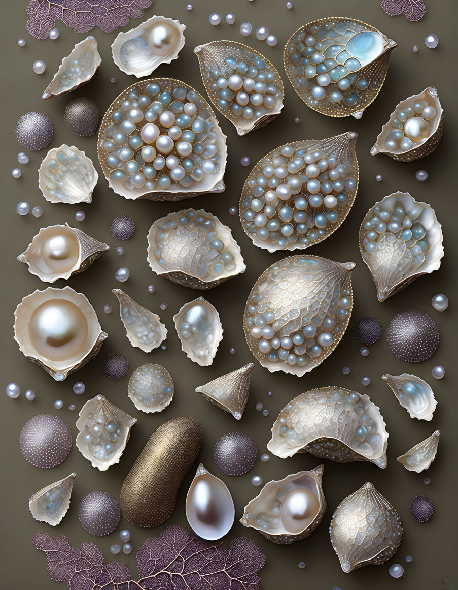 Assorted open shells with pearls on textured surface