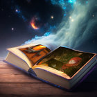 Open book blending into misty forest background on wooden surface symbolizing nature and storytelling.