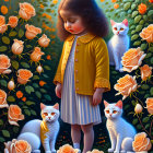 Anthropomorphic cat in yellow coat with kittens among roses in surreal setting