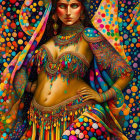 Colorful portrait of a woman in ornate attire against intricate backdrop