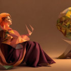 Illustration: Woman with Orange Hair by Glowing Orb on Brown Background