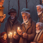 Solemn figures in warm clothing with candles and lantern in twilight forest