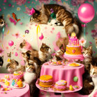 Multiple cats in party hats with cake, cupcakes, balloons, and confetti