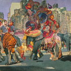 Vibrant painted elephants parade in city street with colorful people