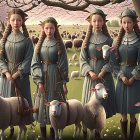 Four fantasy elf girls with pointed ears and sheep in a magical garden