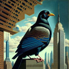 Stylized urban illustration with large bird on wire