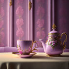 Purple and Gold Floral Tea Set on Purple Background