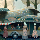 Retro-futuristic diner scene with vintage cars, moon, planets, and pink-flowered trees