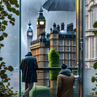 Surreal oversized ships on Thames river with large-scale Big Ben and tiny figures under rainy sky
