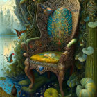 Vibrant chair in lush forest with water lilies and reflective water