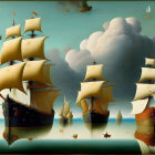 Surreal painting of ships on clouds with fortress and boats in serene sky