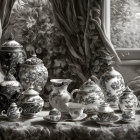 Monochromatic elegant tea set by window with moonlit view