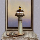 Surreal painting: lighthouse, turbulent sea, golden-lit sky