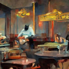 Surrealistic Jazz Bar Painting with Musicians and Instruments