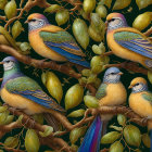 Six Colorful Birds Perched on Branches with Detailed Plumage