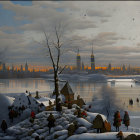 Frozen River and City Skyline in Misty Winter Landscape