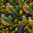 Vibrant Exotic Birds on Branches in Green Foliage