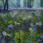 Enchanting forest scene with bluebells, ferns, and towering trees
