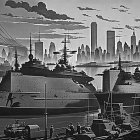 Monochromatic image of battleships in harbor with city skyline and bridges