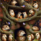 Multiple hedgehogs in intricate tree with orange flowers under starry sky