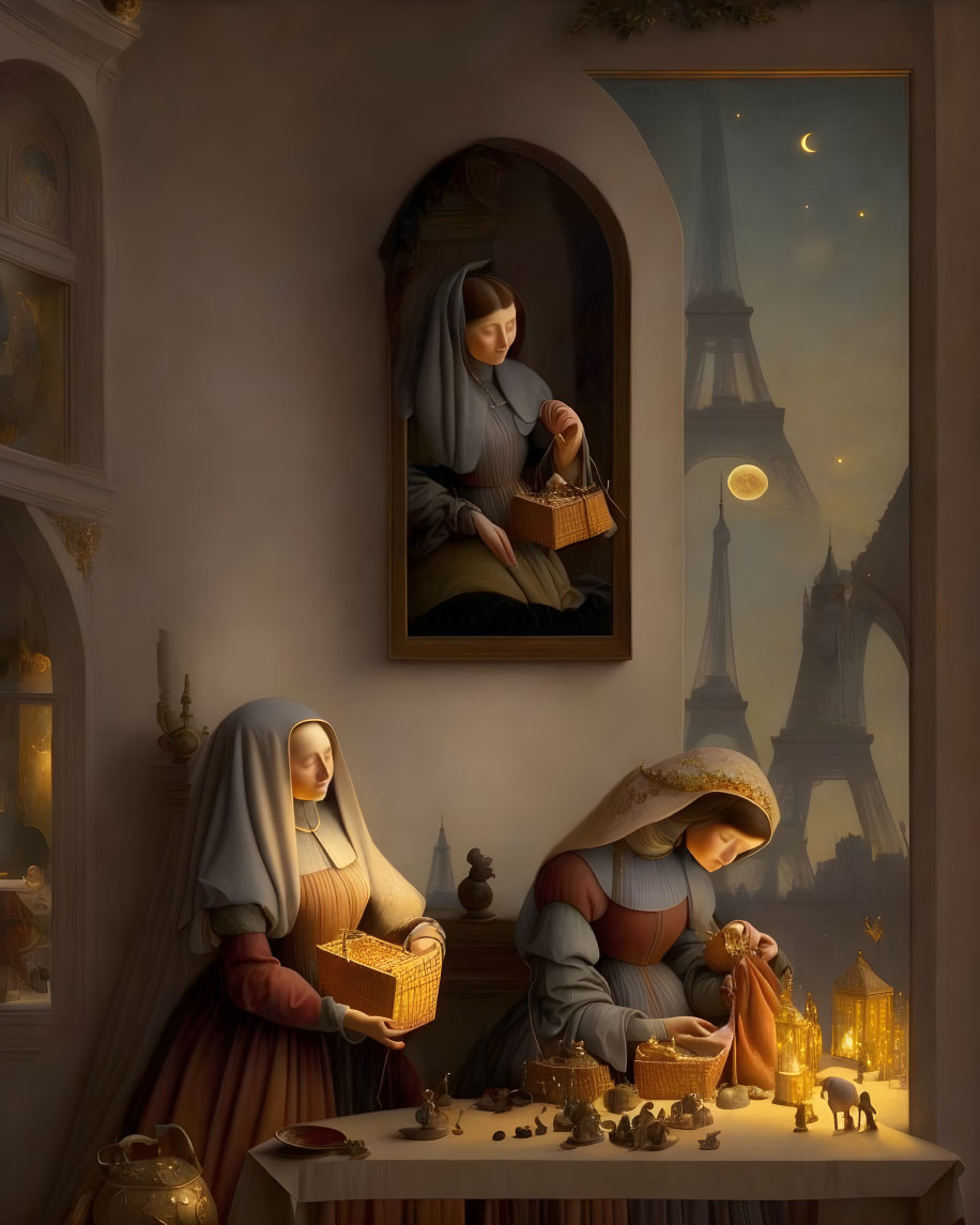 Serene painting of three nuns with nativity scene and cityscape