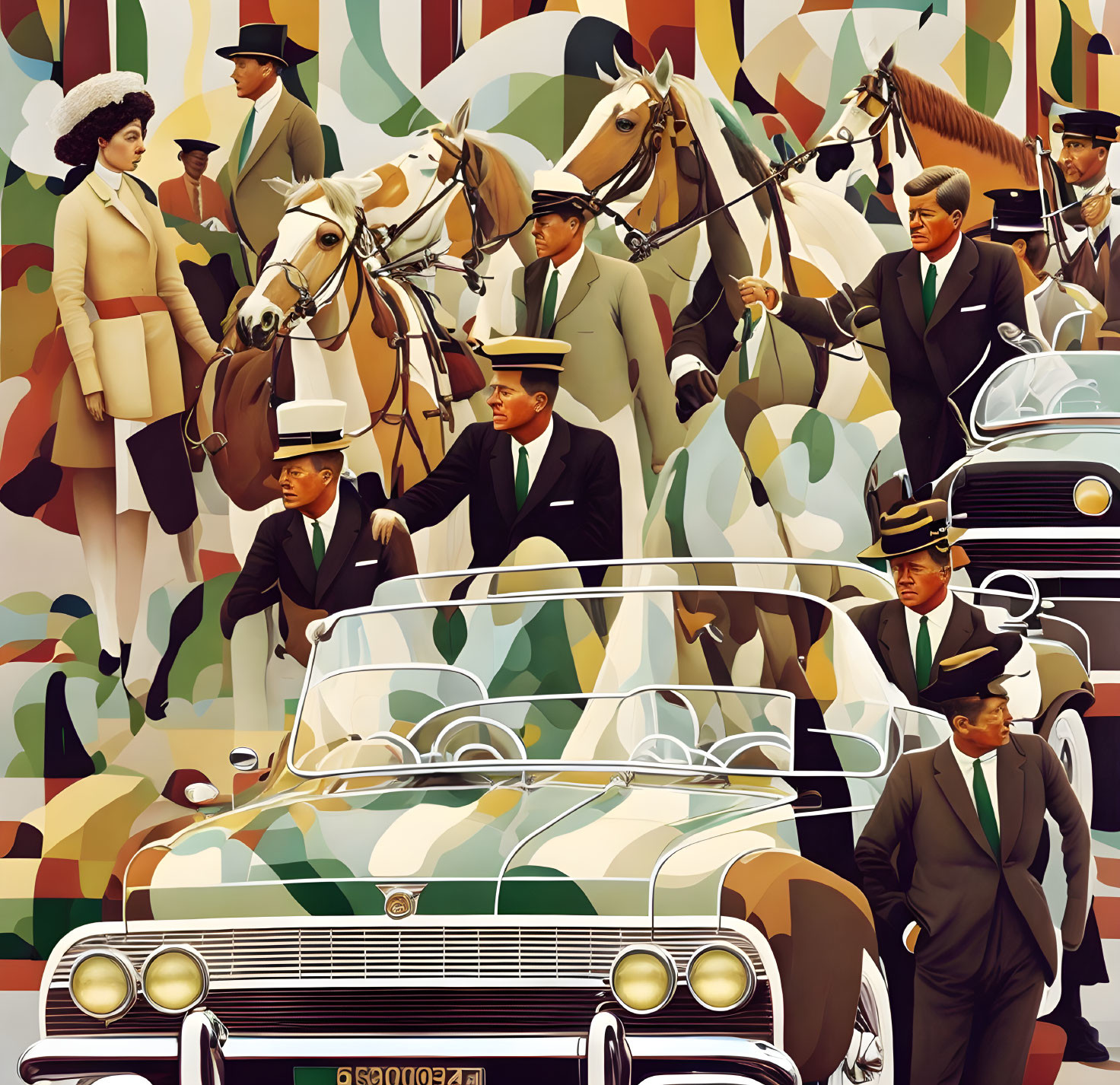 Stylized illustration of elegant individuals, horses, and vintage cars in a sophisticated, vintage-inspired scene