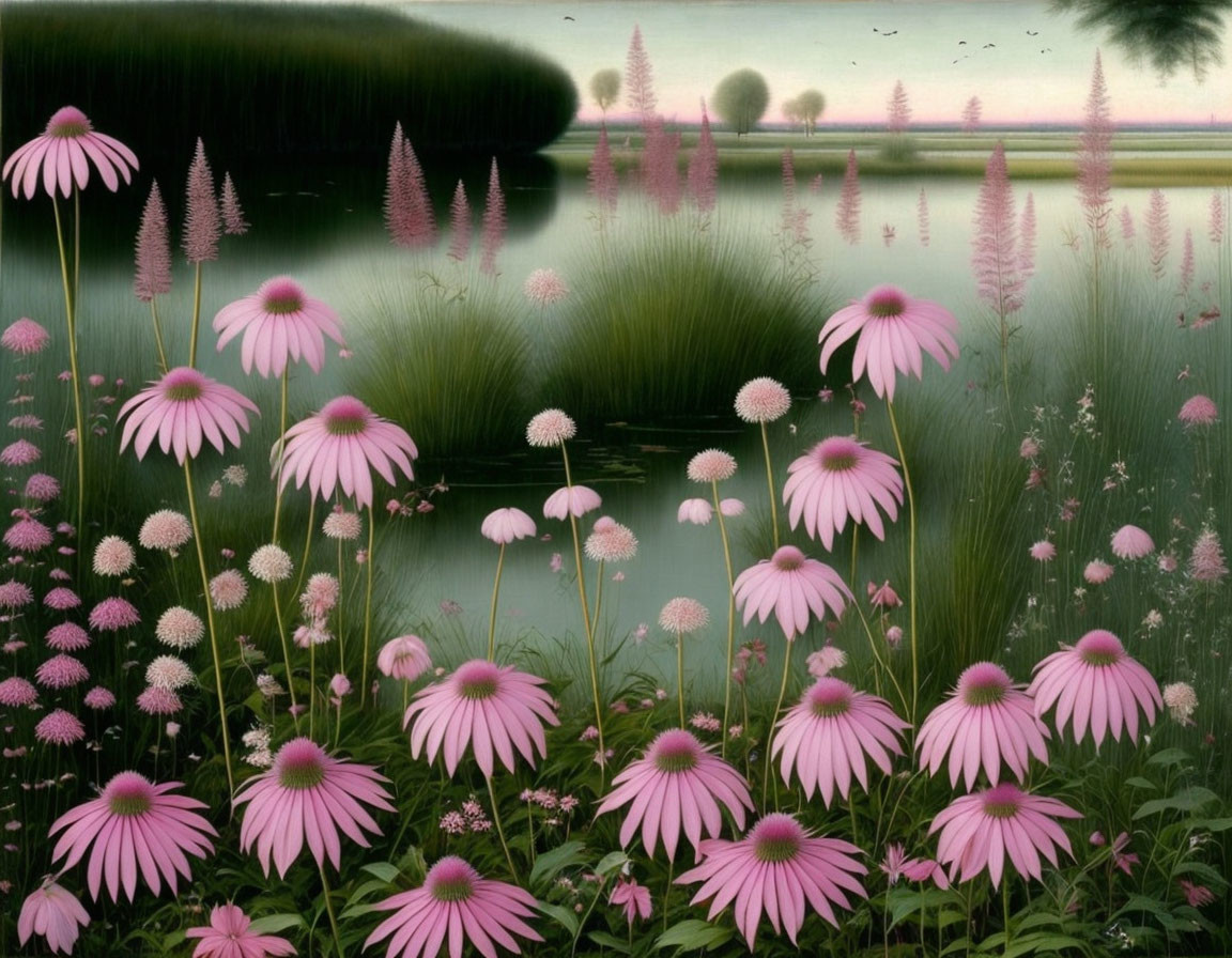 Tranquil Pond Landscape with Pink Flowers and Twilight Sky