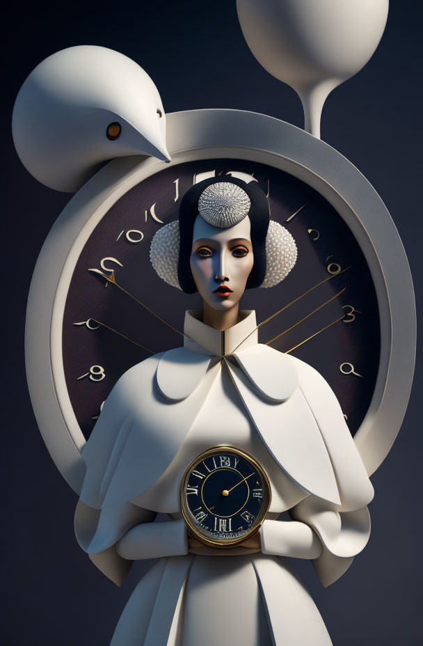 Surreal portrait of woman with clock body and swan headpiece