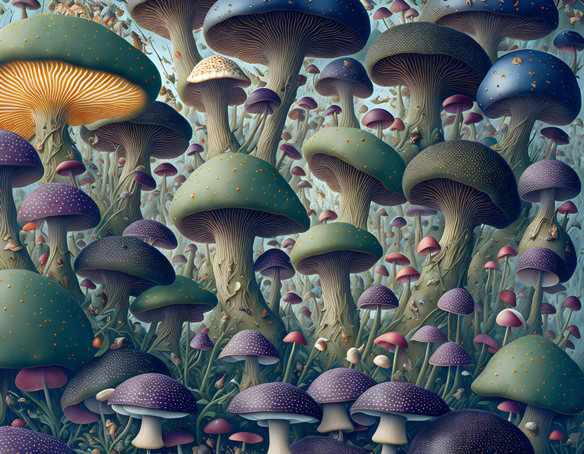 Colorful Mushroom Species Covering Forest Floor Illustration