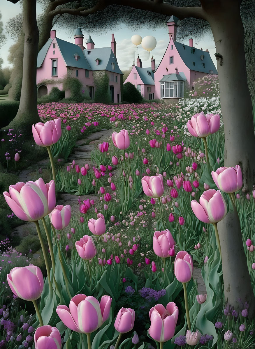 Pink Victorian-style house surrounded by blooming tulips and trees under twilight sky