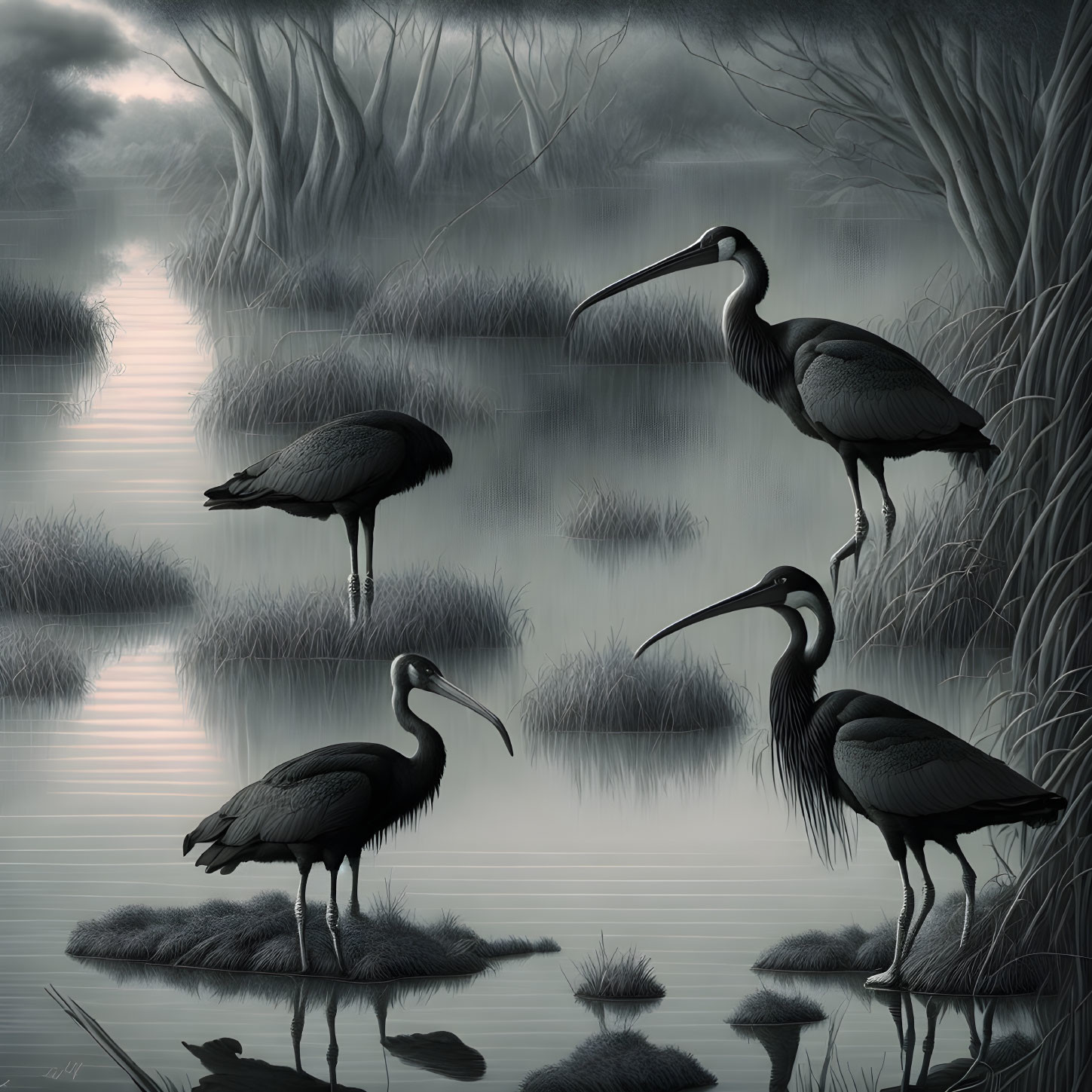 Three storks by serene water under misty sky
