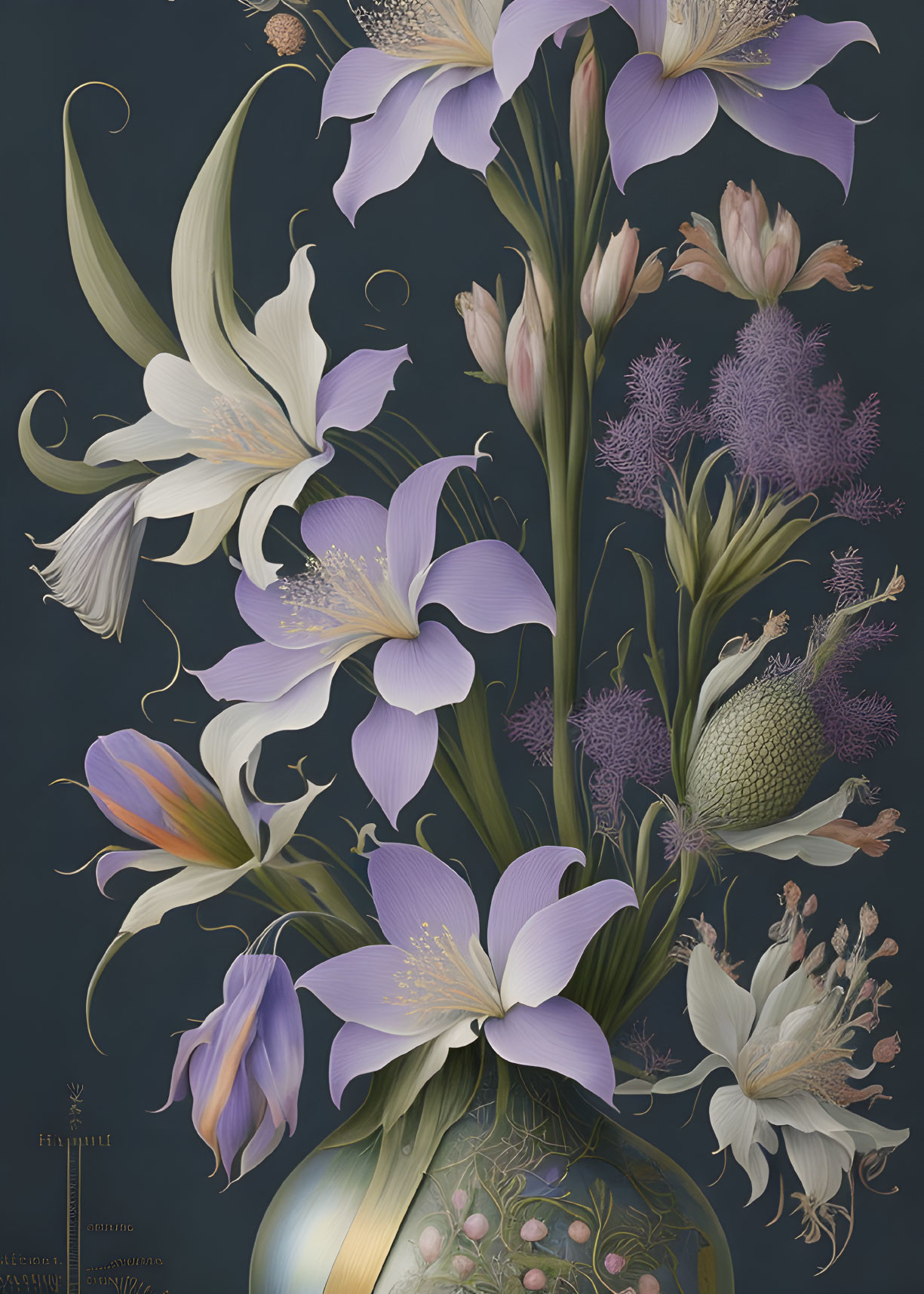 Botanical illustration: White and purple flowers in golden vase on dark background