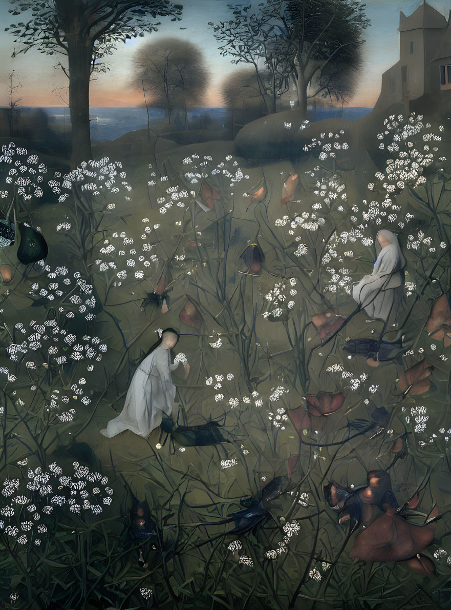 Surreal painting featuring white flowers and anthropomorphic figures in robes