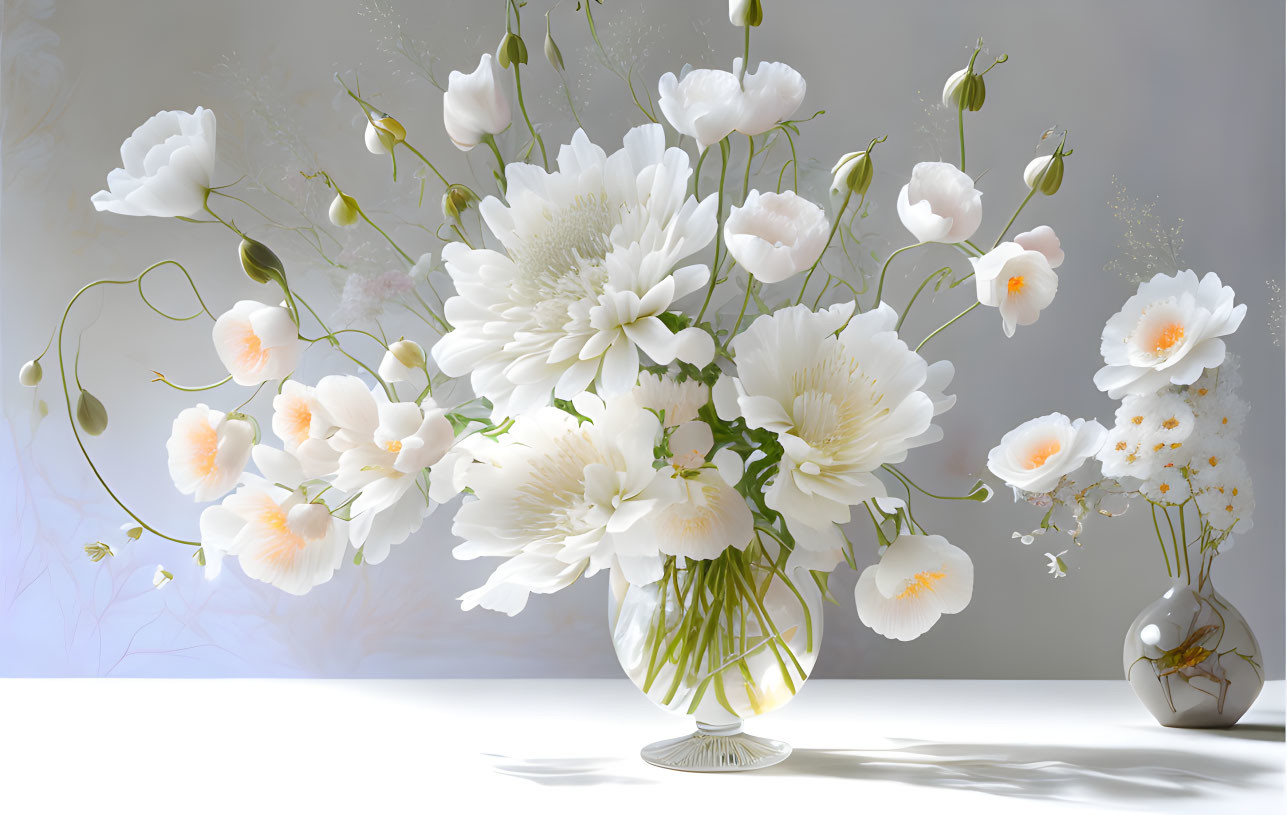 White and Pale Yellow Flowers in Clear Glass Vase