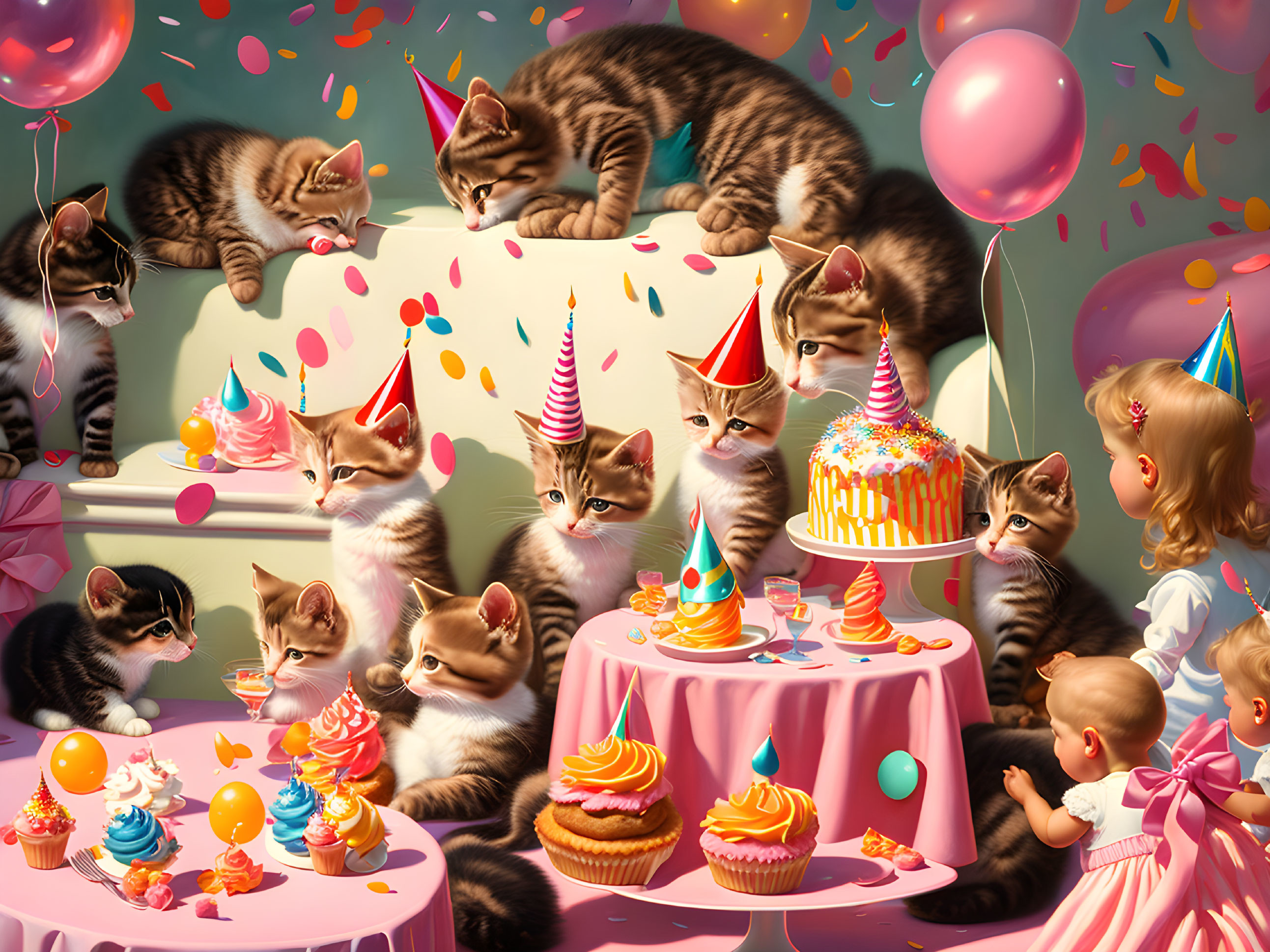 Multiple cats in party hats with cake, cupcakes, balloons, and confetti
