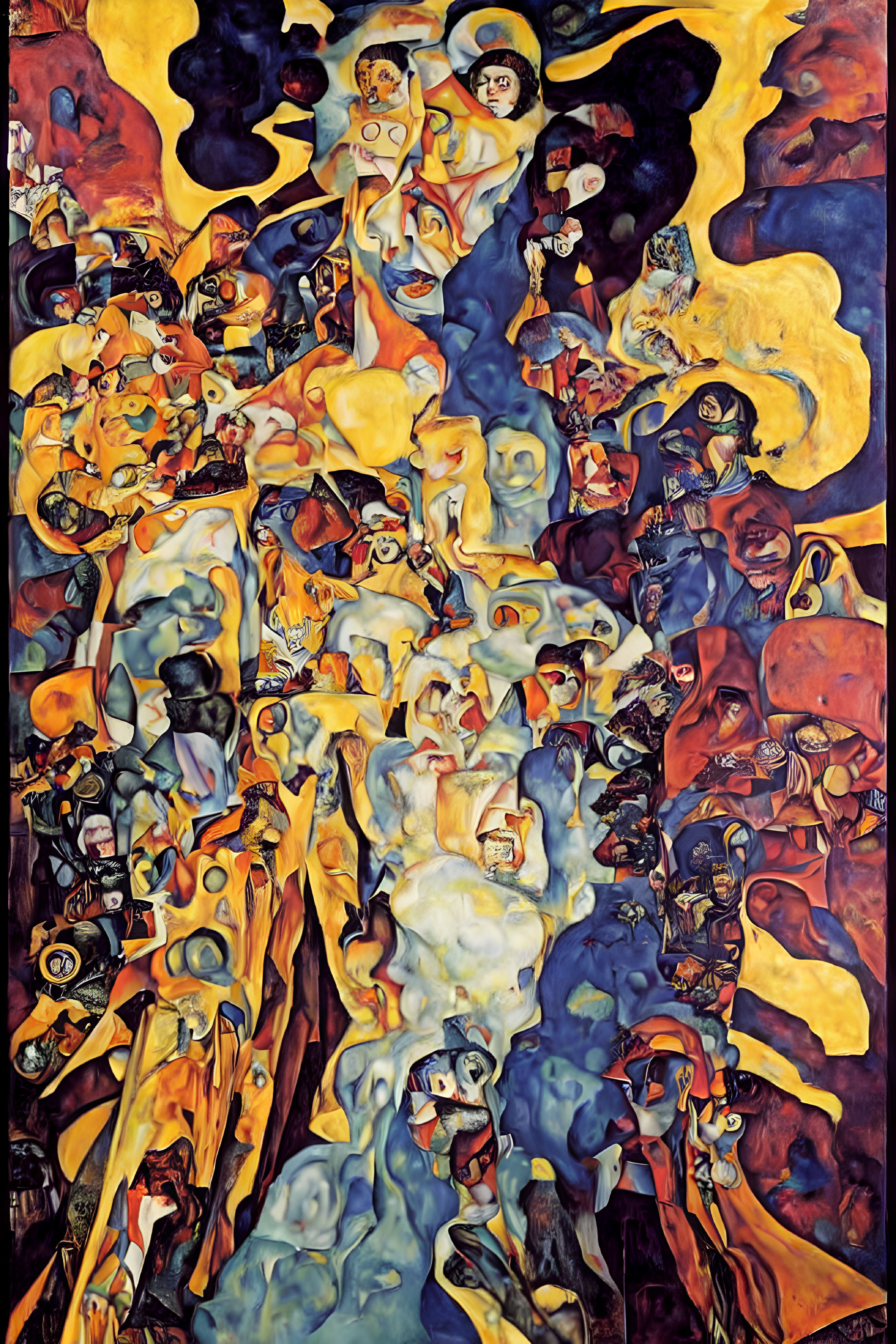 Vividly colored abstract painting with intertwined human figures and faces in front of swirling backdrop