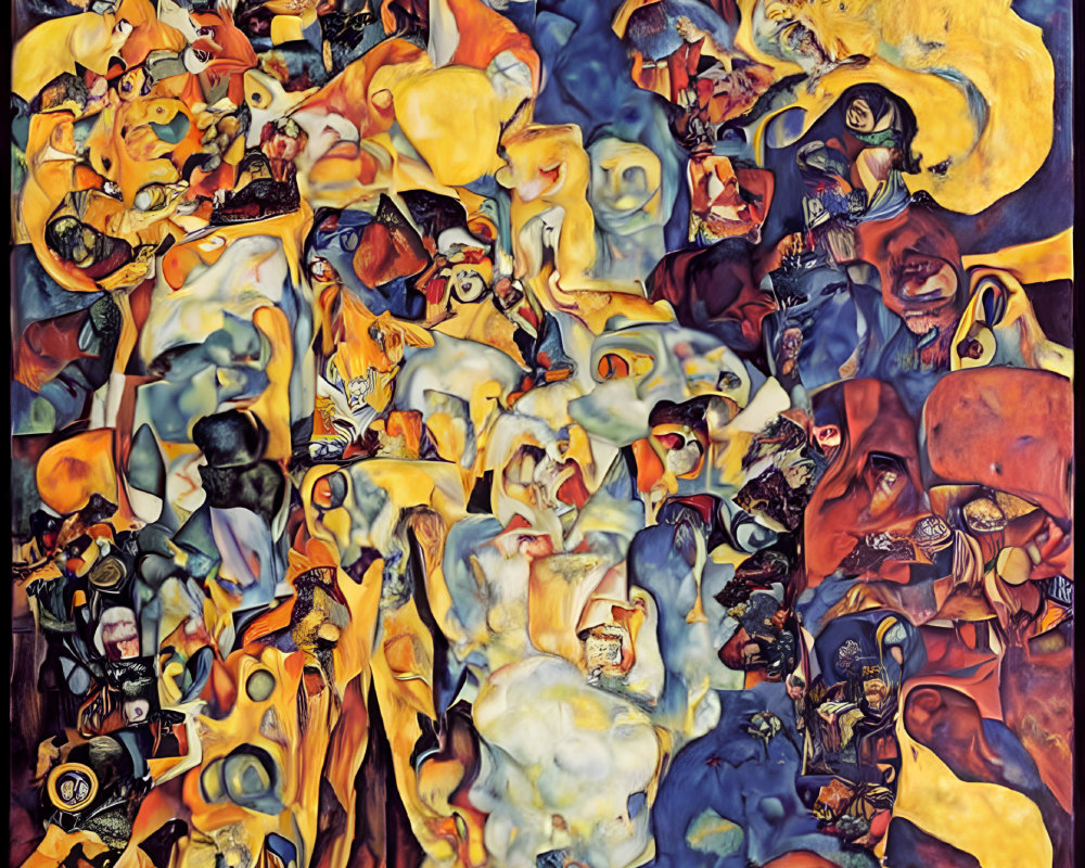 Vividly colored abstract painting with intertwined human figures and faces in front of swirling backdrop