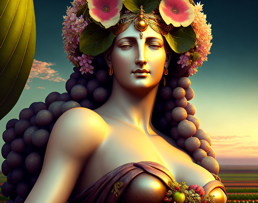 Digital artwork: Female figure with fruits and flowers in serene sunset field
