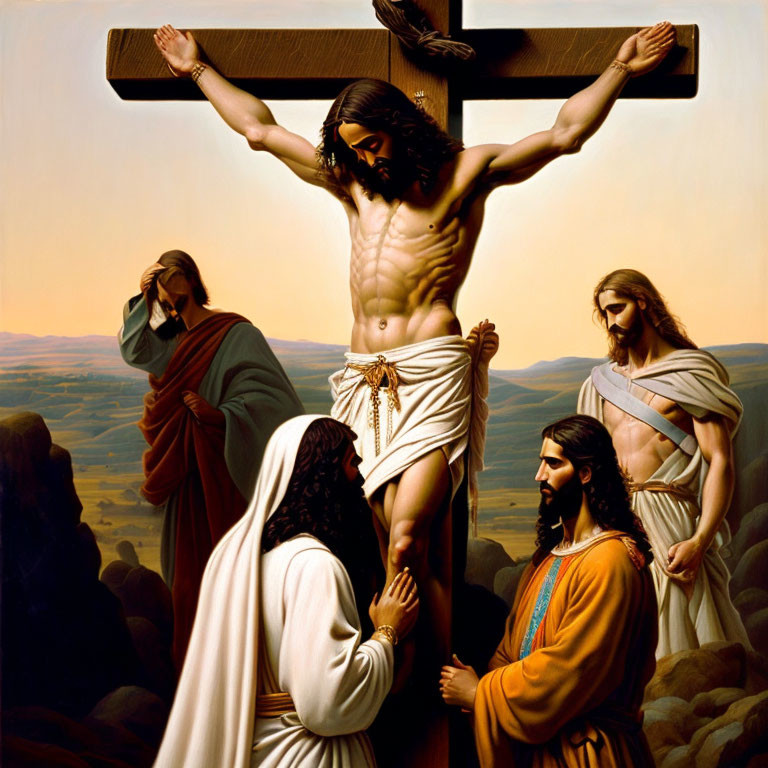 Religious painting of Jesus on the cross with followers in a serene landscape