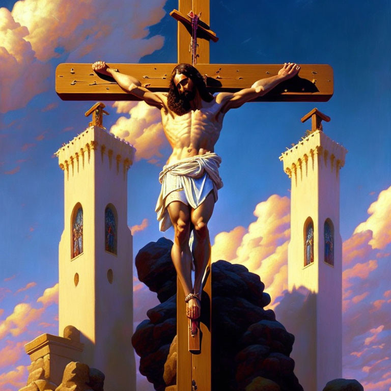 Man with Beard and Long Hair Nailed to Cross in Front of Towers
