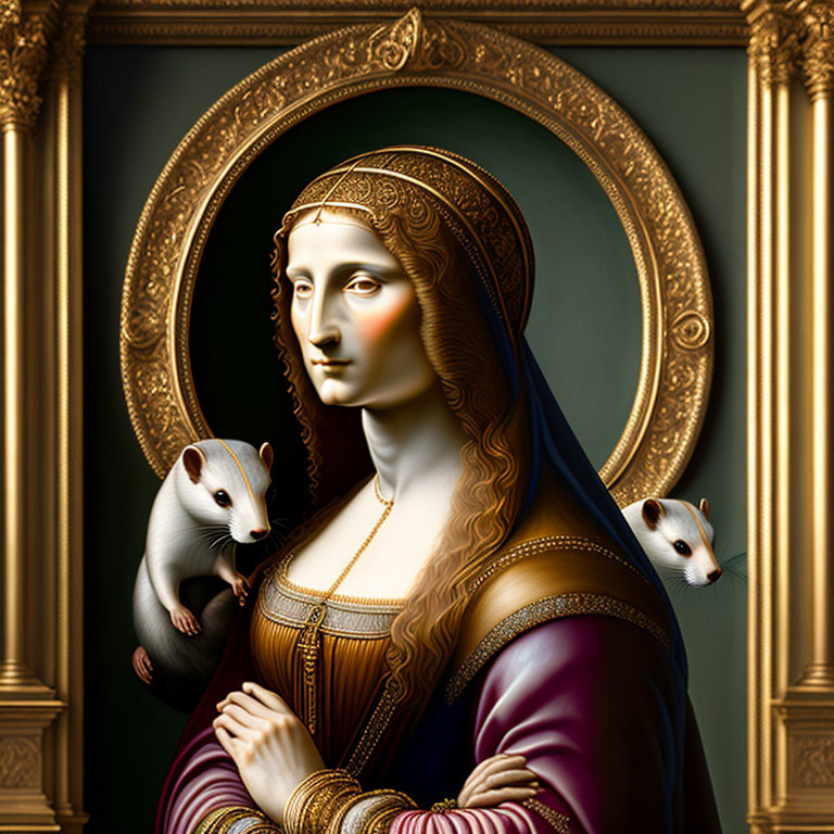 Digital artwork: Mona Lisa elements with woman in blue and purple garment, two weasels on shoulders