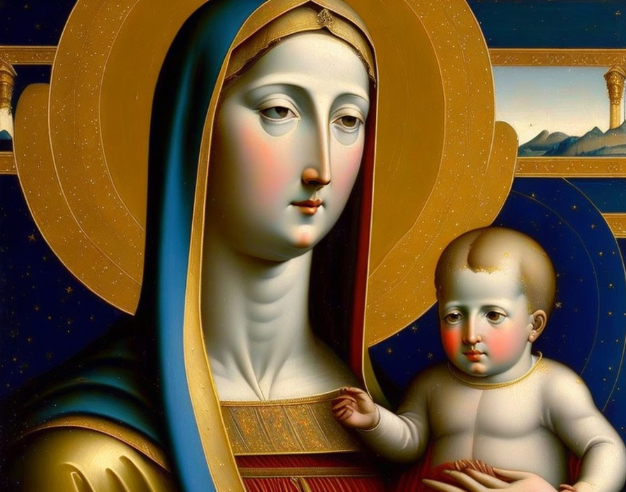 Classic Painting of Virgin Mary with Child in Blue Robes & Halos on Starry Sky