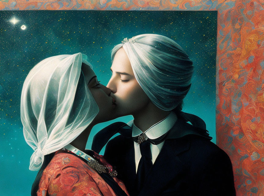 Stylized image: Two women kissing under starry sky