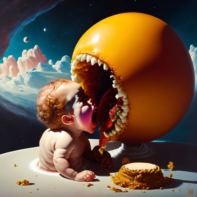 Surreal image: infant, giant half-eaten fruit, cosmic backdrop