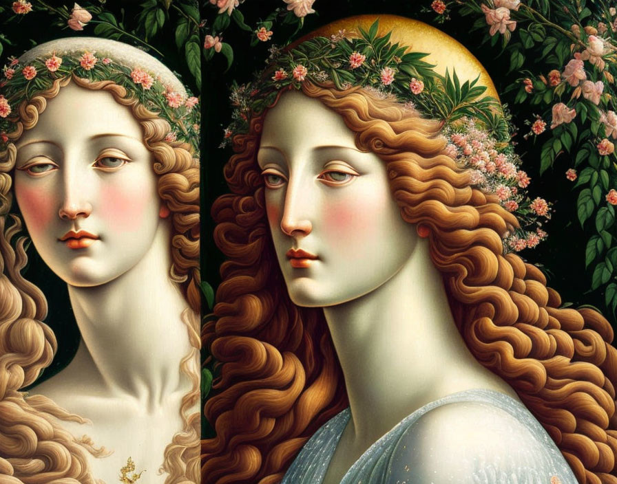 Classical painting of two women with floral wreaths and flowing hair